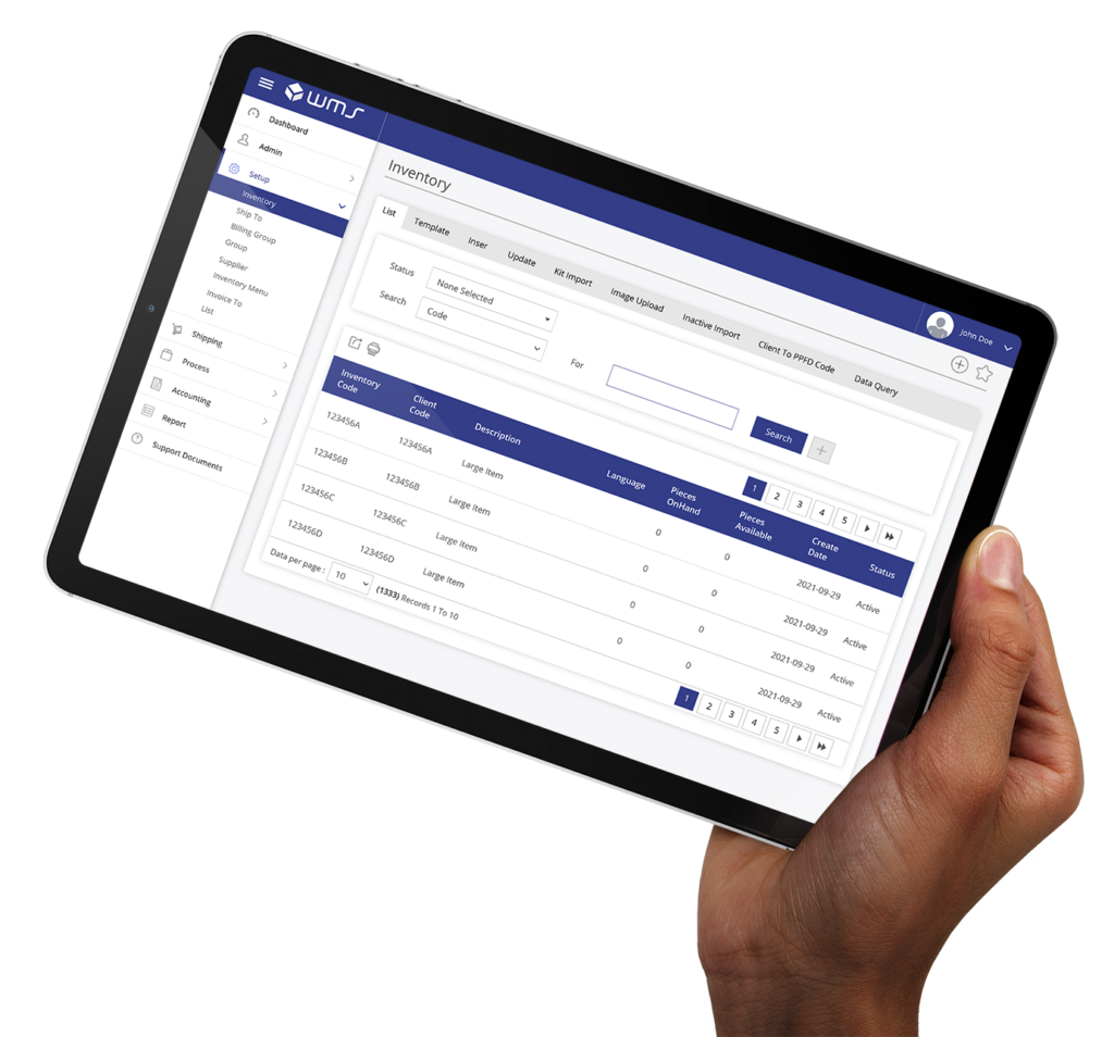 A person's hand holding a tablet displaying PPFD's inventory management software with a detailed and organized user interface, highlighting features such as inventory tracking and order management.