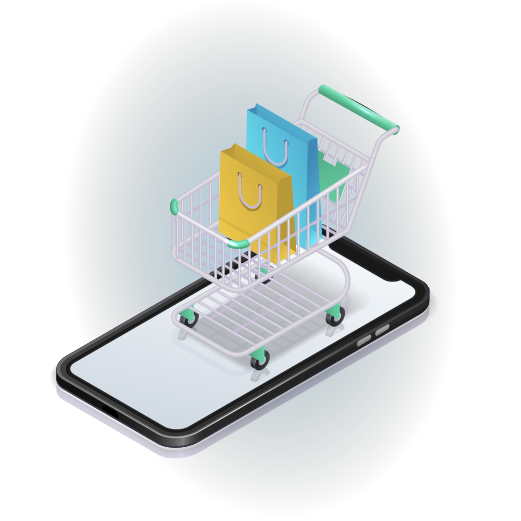 Isometric illustration of a shopping cart with colorful bags inside, emerging from a smartphone screen on a dark blue background, representing online shopping and e-commerce.