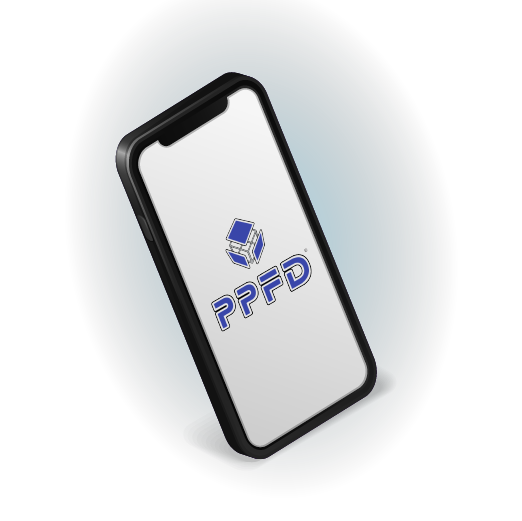 Smartphone with PPFD logo displayed on the screen, positioned on a dark blue background, symbolizing mobile access to PPFD services.