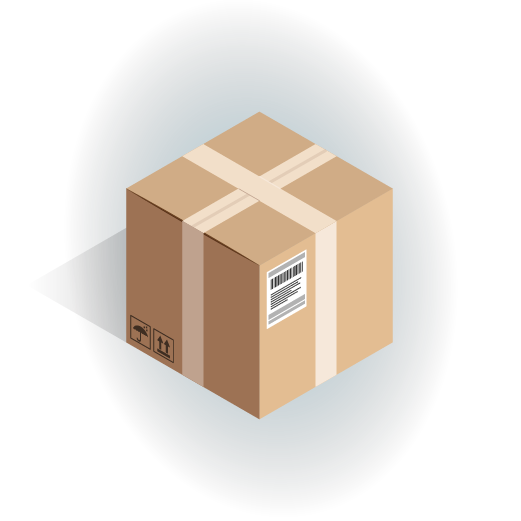 Illustration of a sealed cardboard box with packing tape and a barcode on a dark blue background, representing packaged goods for shipping or storage.