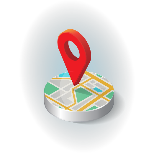 Graphic of a circular map with streets and a red location pin indicating a specific point on a dark blue background, symbolizing navigation or a destination point.