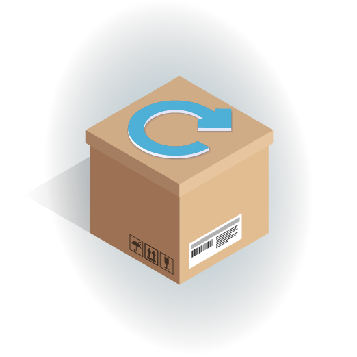 Graphic of a cardboard box with a large blue 'C' representing a cycle arrow overlay, on a dark blue background, symbolizing circular economy or return processes in logistics.